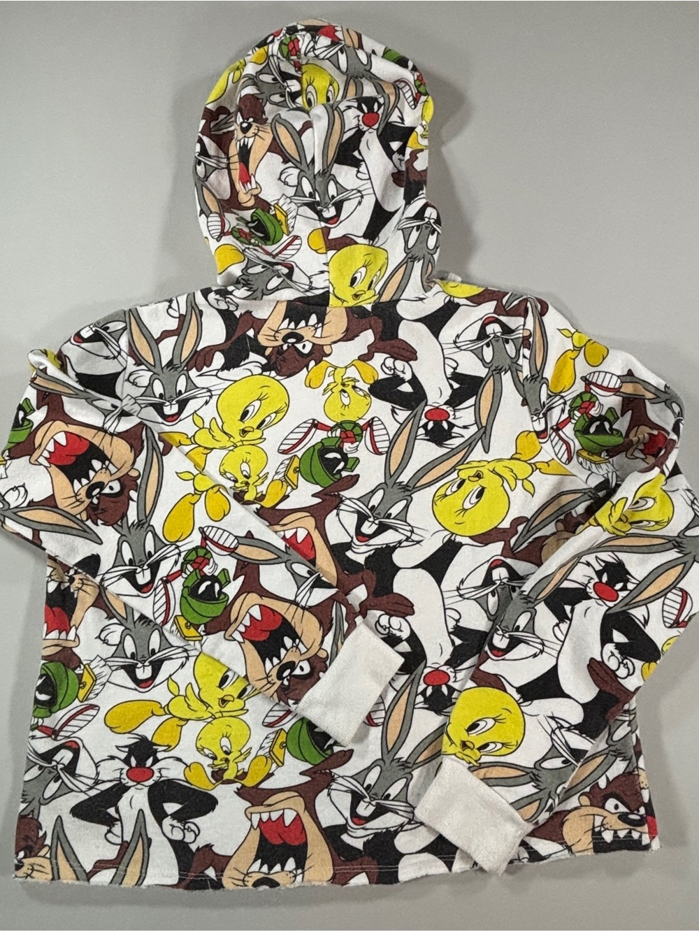Looney Tunes Hoodie XS All Over Print Bugs Bunny Tweety Taz Fleece Y2K Pullover - Picture 5 of 9